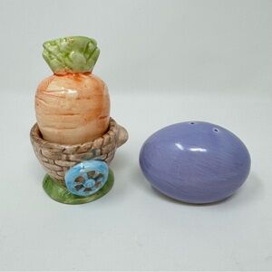 Vintage Giant Carrot in a Wheelbarrow and Easter Egg Salt and Pepper Shakers